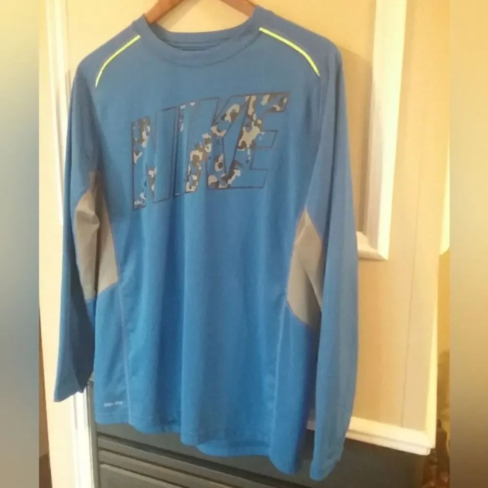 Nike GFX Legacy Blue Graphic Print Dri Fit Crew Neck Long Sleeve Size XL